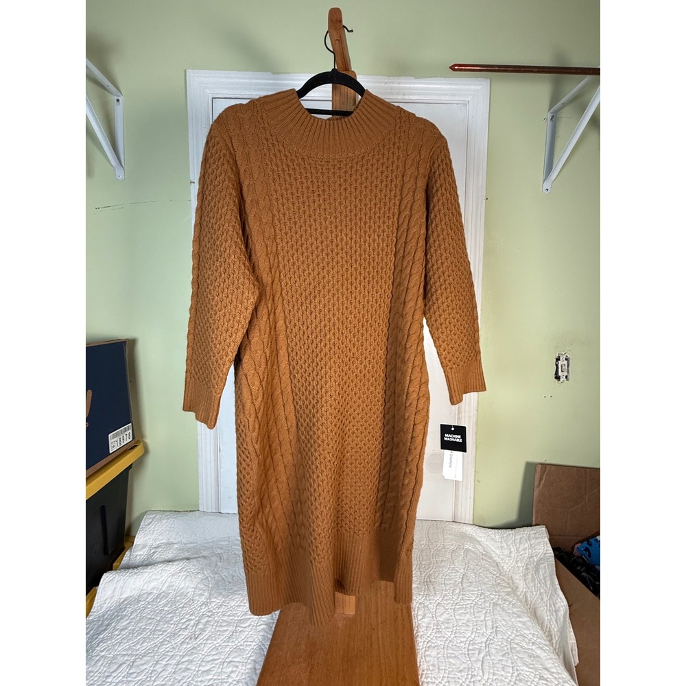 Sandra Darren Spice Brown Cable Knit Sweater Dress XL NWT Honeycomb Texture